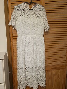 White Lace Midi Dress with Floral Crochet - Timeless Feminine Style